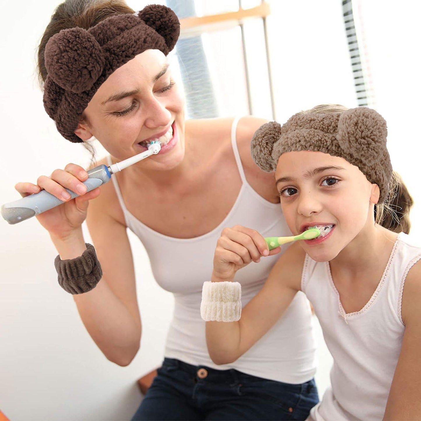 Brown Bear Ears Spa Headband Wristband Sets for Mother and Daughter