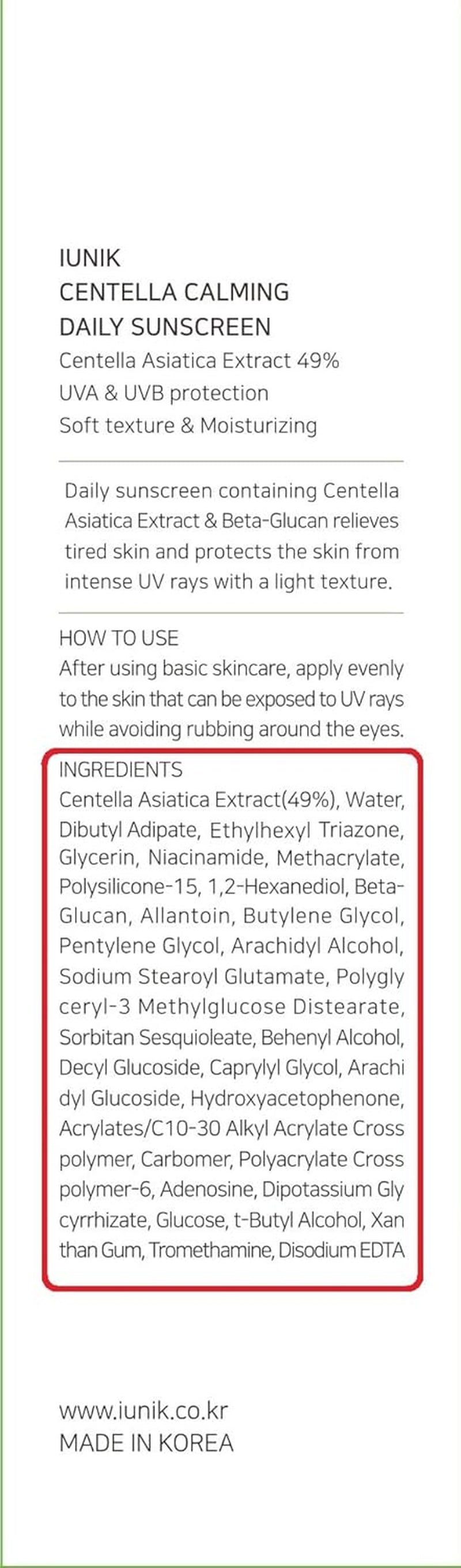 Centella Calming Moisture Daily Sunscreen SPF Ingredients