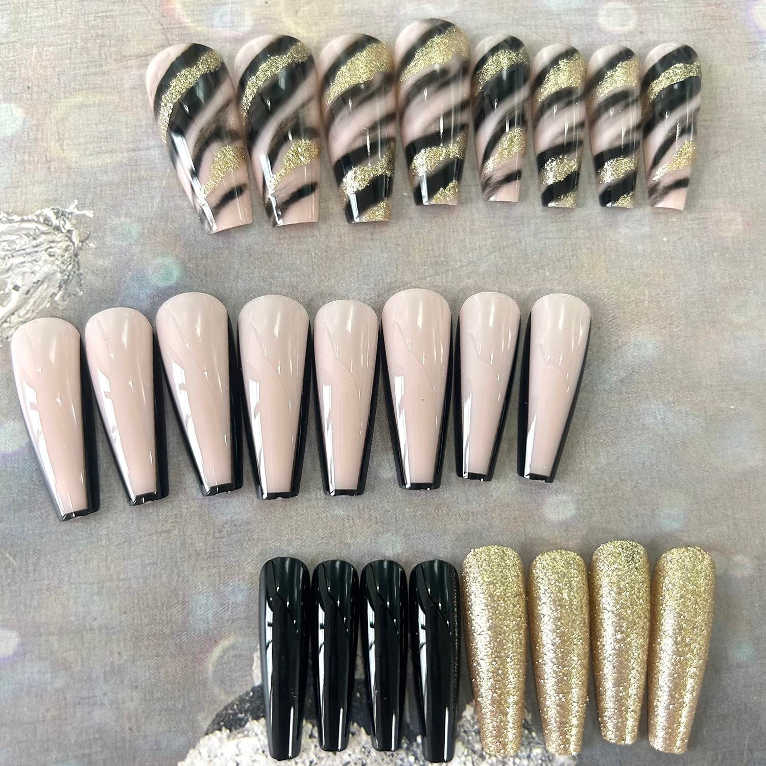 Press on Nails Long Glossy Artificial Coffin Fake Nails with Black Gold Foil Designs Full Cover Reusable False Nails Black French Tips Acrylic Stick on Nails for Women DIY Manicure Tips Decorations