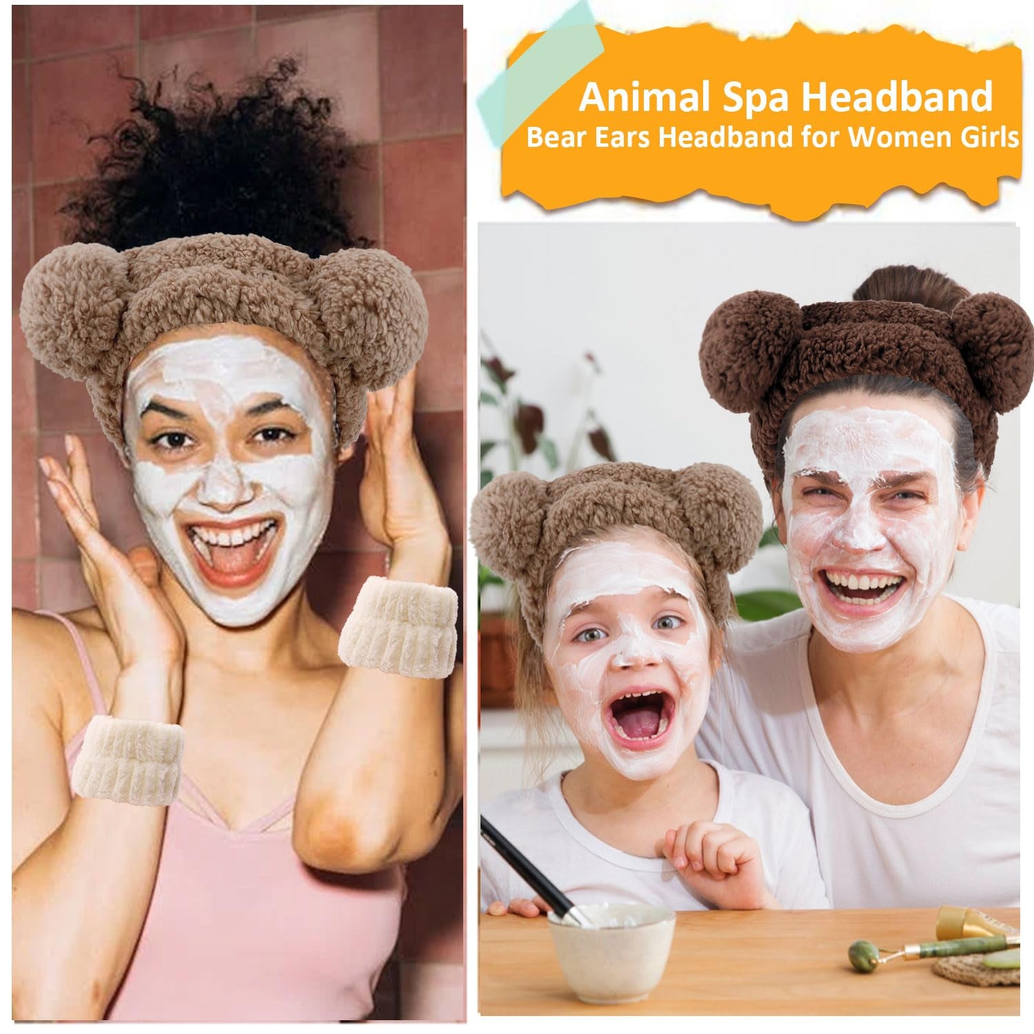 Bear Ears Spa Headband Wristband Set Cute Animal Skincare Headband Funny Makeup Headband for Washing Face Fluffy Elastic Face Wash Hair Band for Women Girls Trendy Stuff (Brown)
