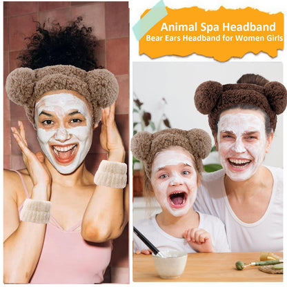 Bear Ears Spa Headband Wristband Set Cute Animal Skincare Headband Funny Makeup Headband for Washing Face Fluffy Elastic Face Wash Hair Band for Women Girls Trendy Stuff (Brown)