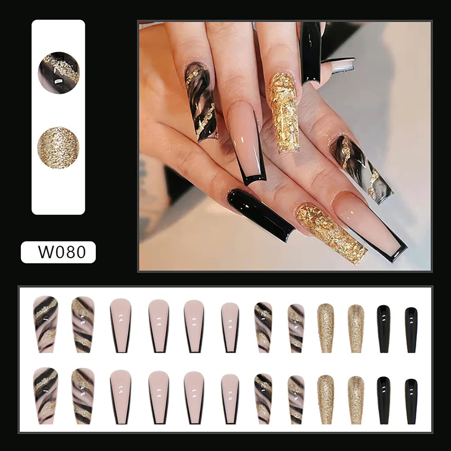 Press on Nails Long Glossy Artificial Coffin Fake Nails with Black Gold Foil Designs Full Cover Reusable False Nails Black French Tips Acrylic Stick on Nails for Women DIY Manicure Tips Decorations