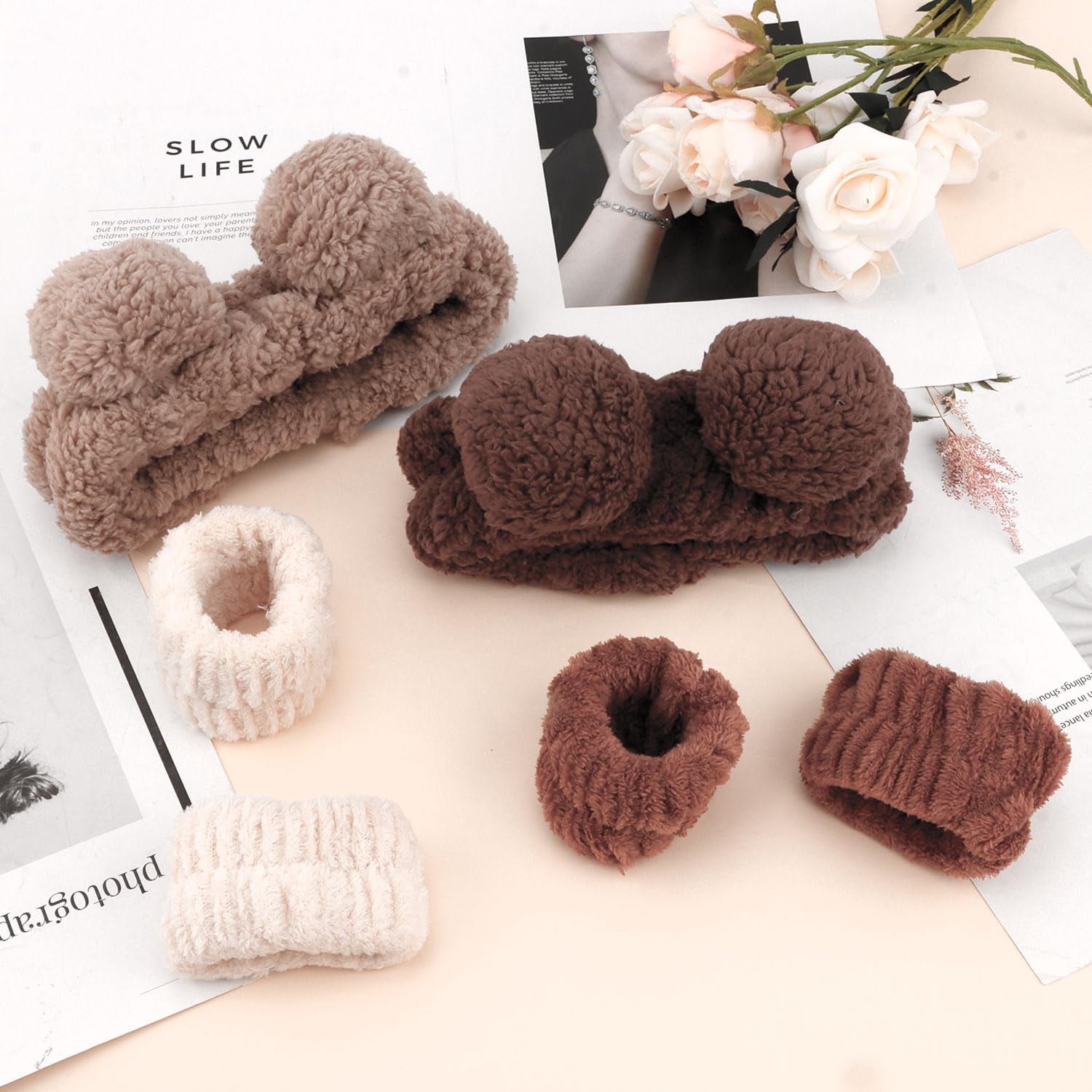 Bear Ears Spa Headband Wristband Set Cute Animal Skincare Headband Funny Makeup Headband for Washing Face Fluffy Elastic Face Wash Hair Band for Women Girls Trendy Stuff (Brown)