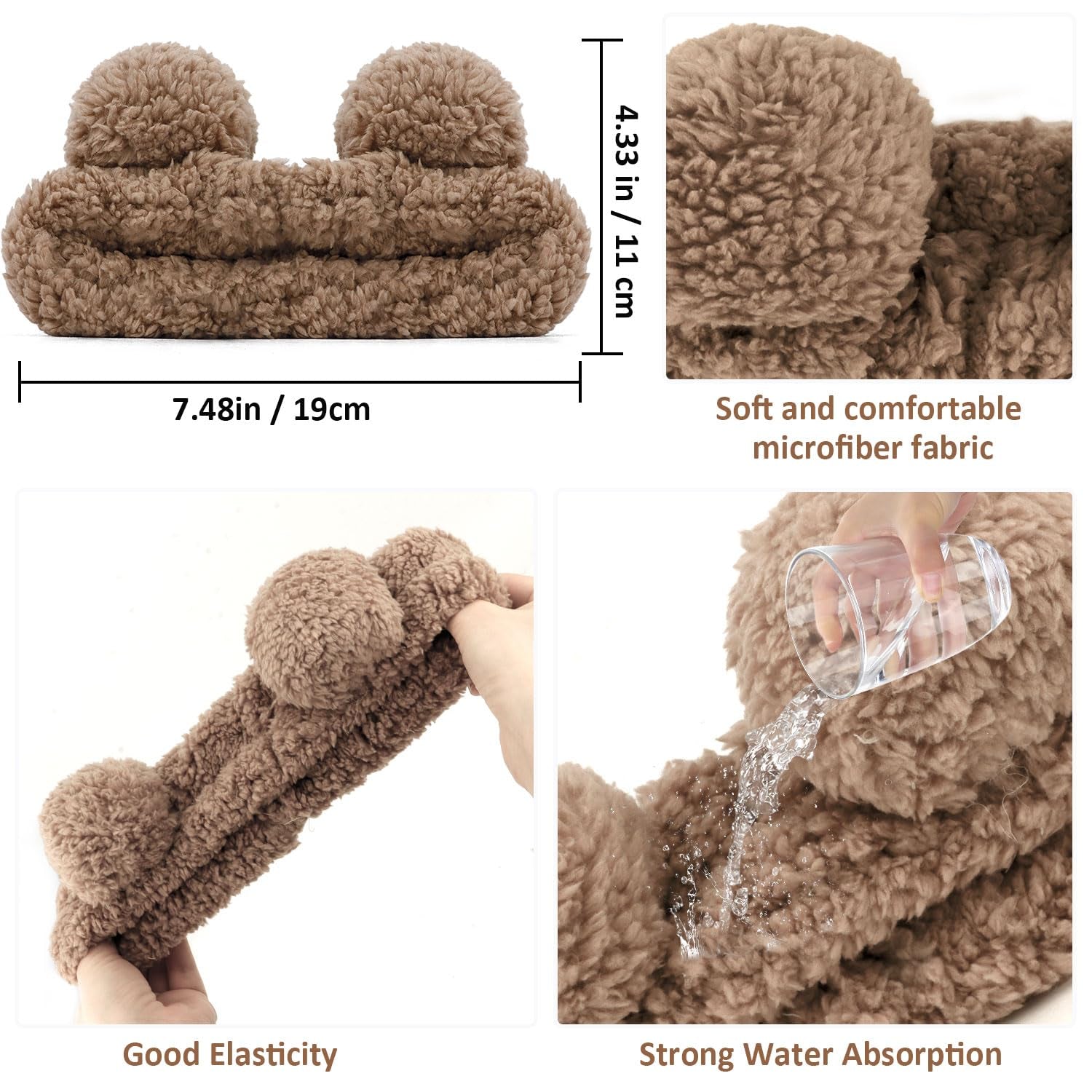 Bear Ears Spa Headband Wristband Set Cute Animal Skincare Headband Funny Makeup Headband for Washing Face Fluffy Elastic Face Wash Hair Band for Women Girls Trendy Stuff (Brown)