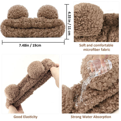Bear Ears Spa Headband Wristband Set Cute Animal Skincare Headband Funny Makeup Headband for Washing Face Fluffy Elastic Face Wash Hair Band for Women Girls Trendy Stuff (Brown)