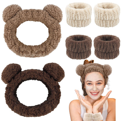 Bear Ears Spa Headband Wristband Set Cute Animal Skincare Headband Funny Makeup Headband for Washing Face Fluffy Elastic Face Wash Hair Band for Women Girls Trendy Stuff (Brown)
