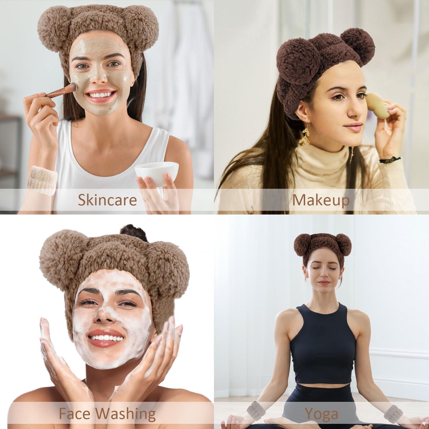 Bear Ears Spa Headband Wristband Set Cute Animal Skincare Headband Funny Makeup Headband for Washing Face Fluffy Elastic Face Wash Hair Band for Women Girls Trendy Stuff (Brown)