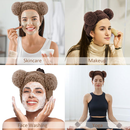 Bear Ears Spa Headband Wristband Set Cute Animal Skincare Headband Funny Makeup Headband for Washing Face Fluffy Elastic Face Wash Hair Band for Women Girls Trendy Stuff (Brown)