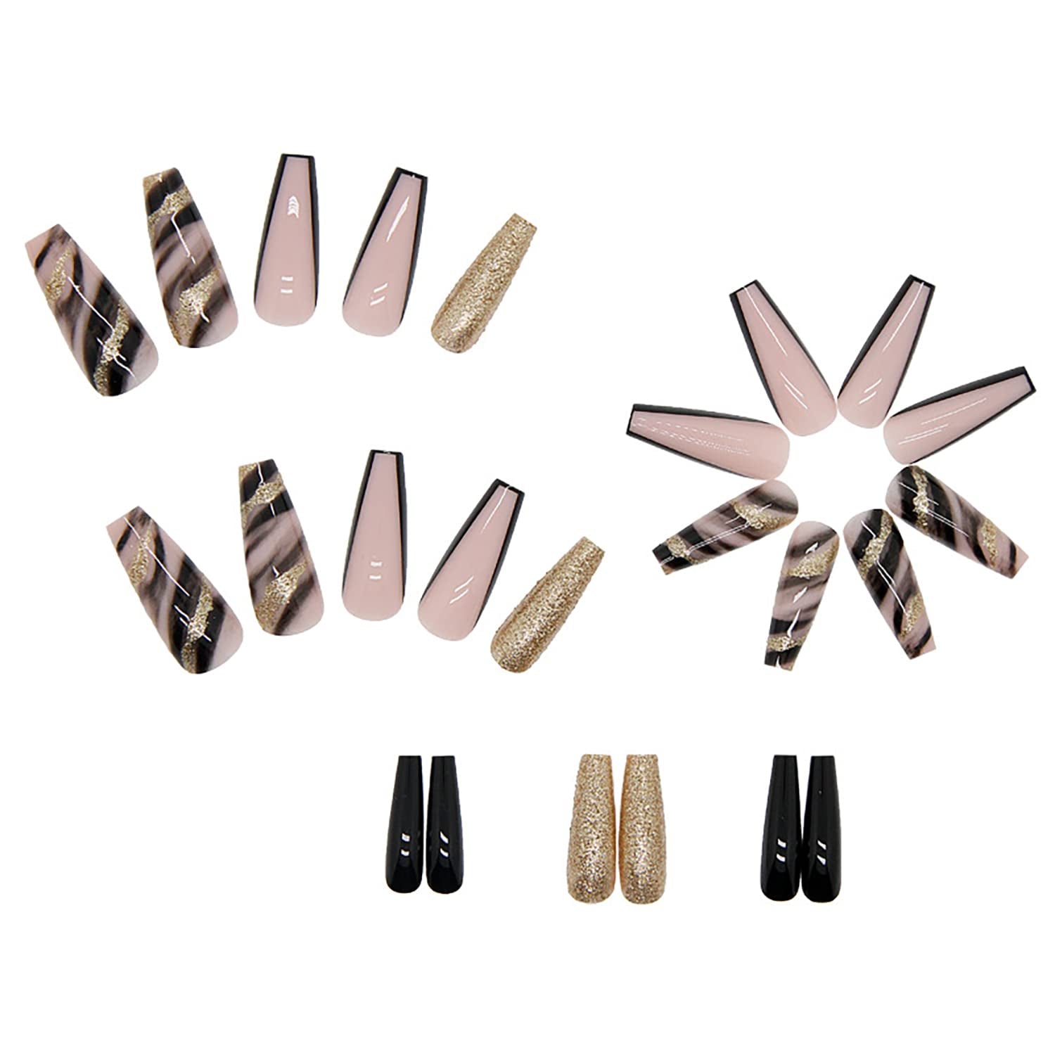 Press on Nails Long Glossy Artificial Coffin Fake Nails with Black Gold Foil Designs Full Cover Reusable False Nails Black French Tips Acrylic Stick on Nails for Women DIY Manicure Tips Decorations