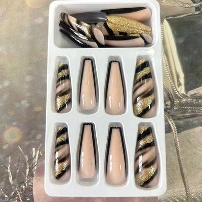 Press on Nails Long Glossy Artificial Coffin Fake Nails with Black Gold Foil Designs Full Cover Reusable False Nails Black French Tips Acrylic Stick on Nails for Women DIY Manicure Tips Decorations