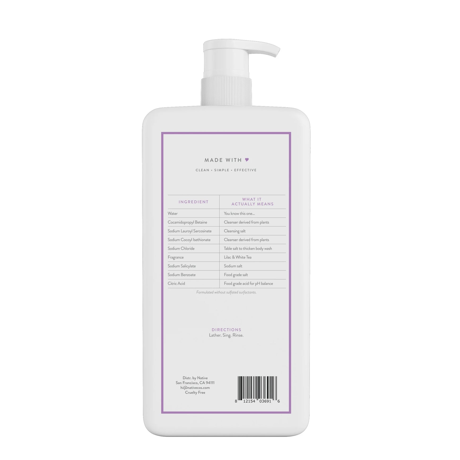Body Wash, Sulfate Free, Lilac & White Tea, for Women and Men, 36 Oz